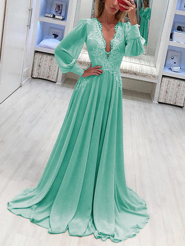 Woochic robe longue dentelle mousseline à volantée décolleté plongeant manches bishop élégant Vert S